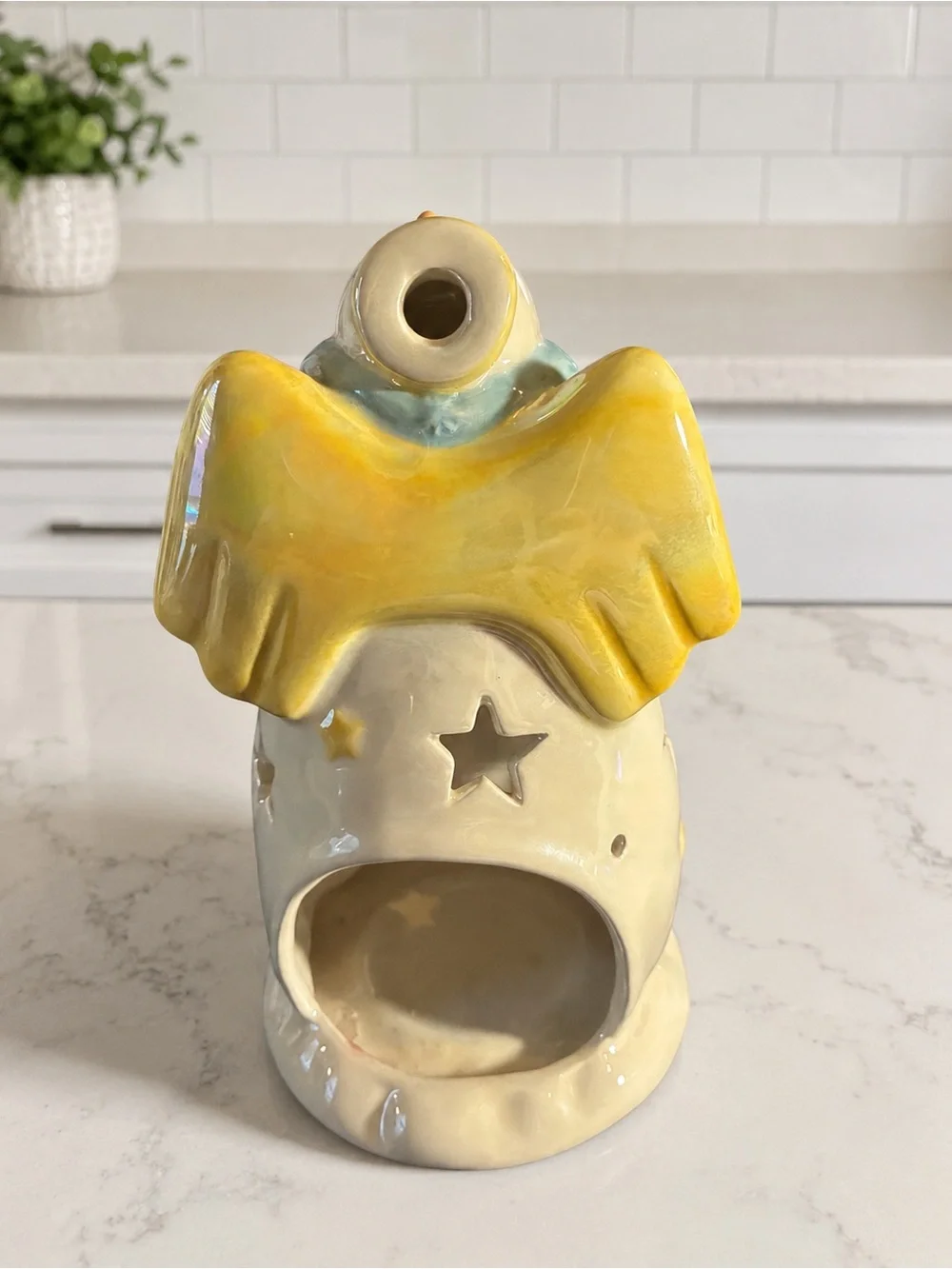 Vintage 2001 Yankee Candle Snowman Angel Ceramic Tea Light Holder 8”
